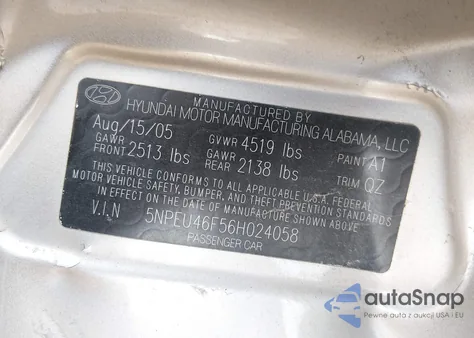 2006 Hyundai Sonata Gls V6/Lx V6 z USA, uszkodzony, nr VIN 5NPEU46F56H024058